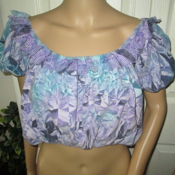Vintage 80's Purple Puff sleeve crop top S M L - Picture 2 of 9